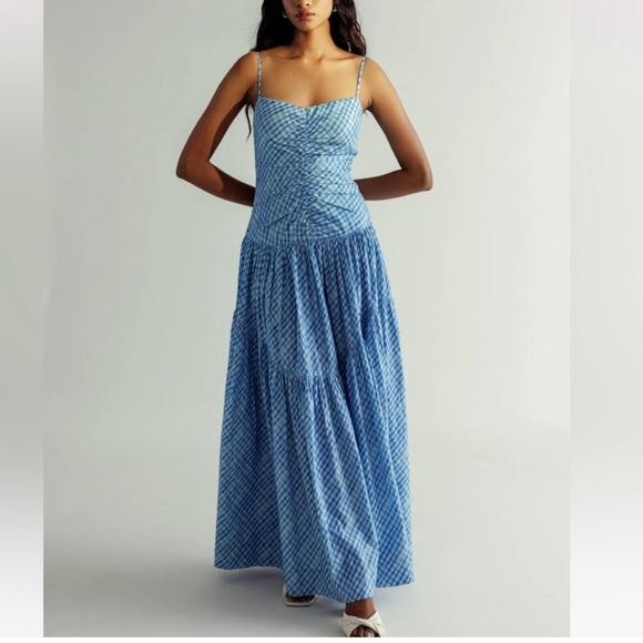 NEW Summer Away at Free People Roberta Dress Sz S Blue Ocean Checks Ruched - Picture 1 of 15